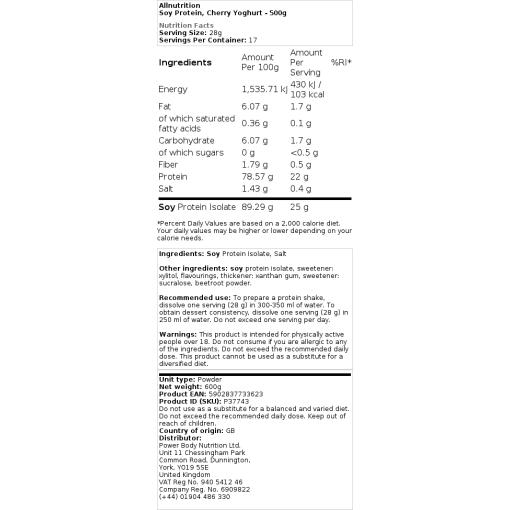 Allnutrition - Sojaprotein, Kirsch-Joghurt-Geschmack - 500g – Bild 2
