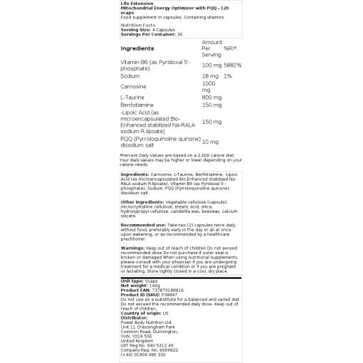 Life Extension - Mitochondrialer Energieoptimierer mit PQQ - 120 Kapseln – Bild 2